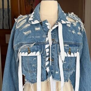 Tyler Lambert Cropped Upcycled Cropped Jean Jacket Sz L Oversized Distressed‎